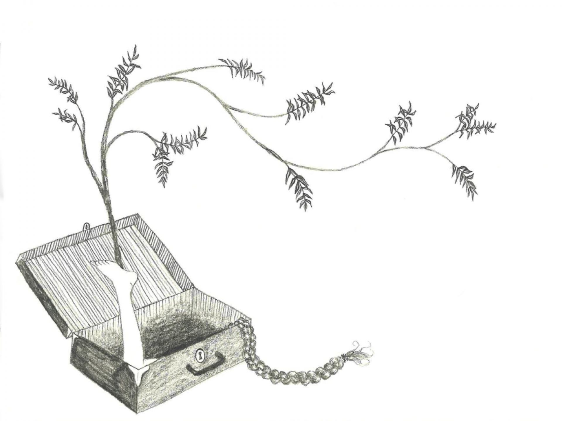 Illustration i svartvitt. En flickas ben och fläta hänger ut ur en portfölj, från benet växer en planta.