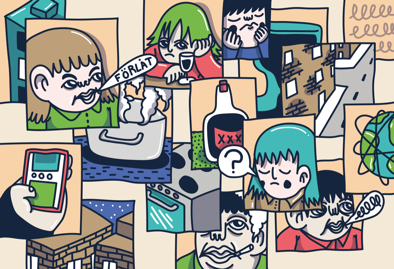 Illustration med många små bilder av en person i olika situationer. Stressat intryck.