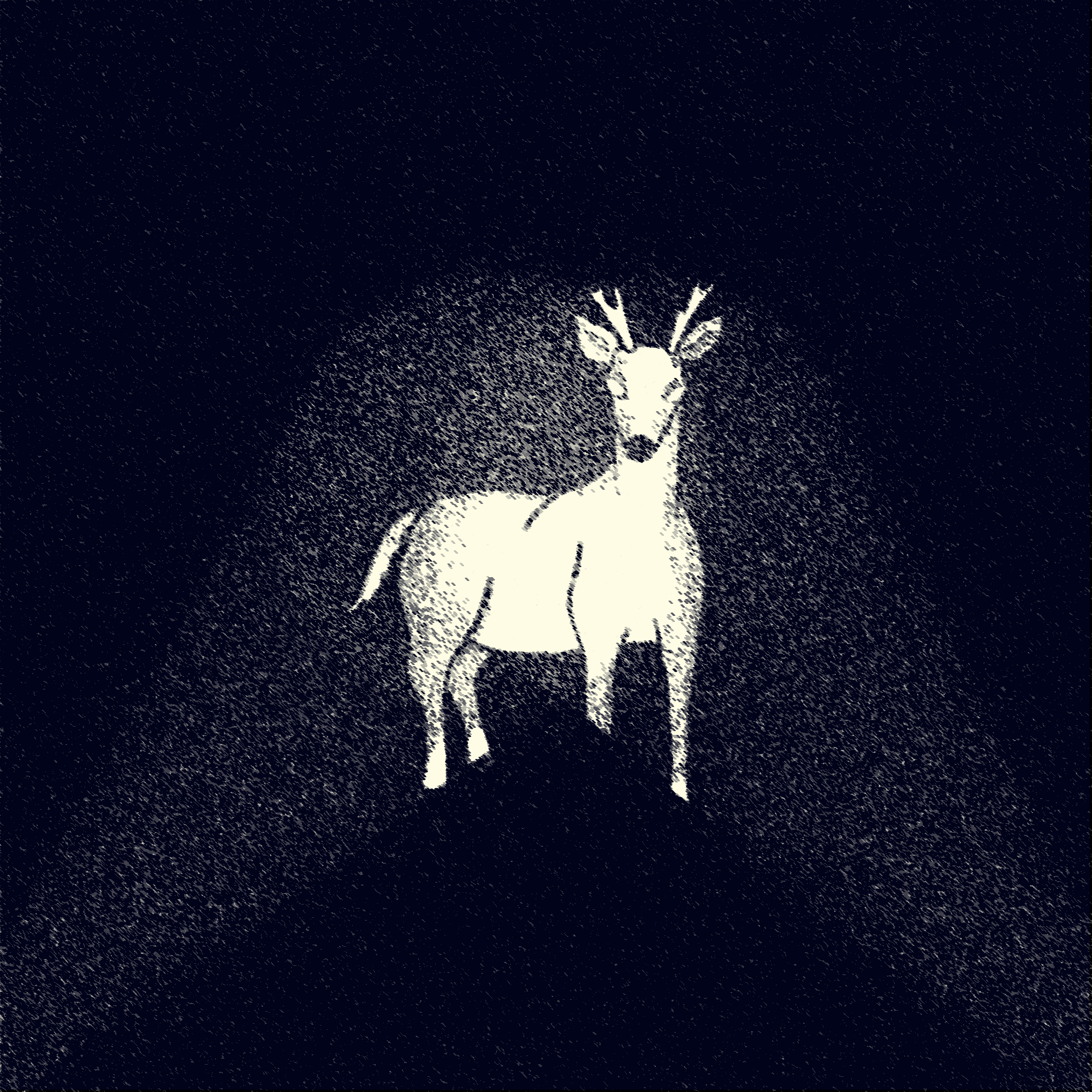 Illustration av ett vitt rådjur mot svart bakgrund. Svagt strålkastarljus på rådjuret.