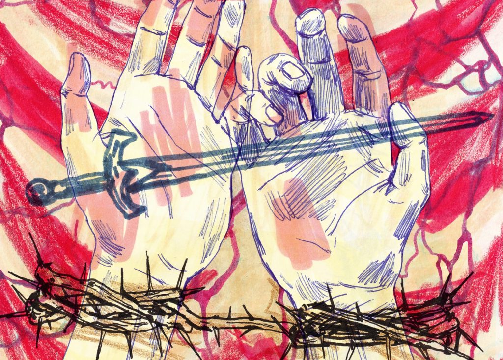 Illustration av händer som håller ett svärd, taggtråd kring handlederna