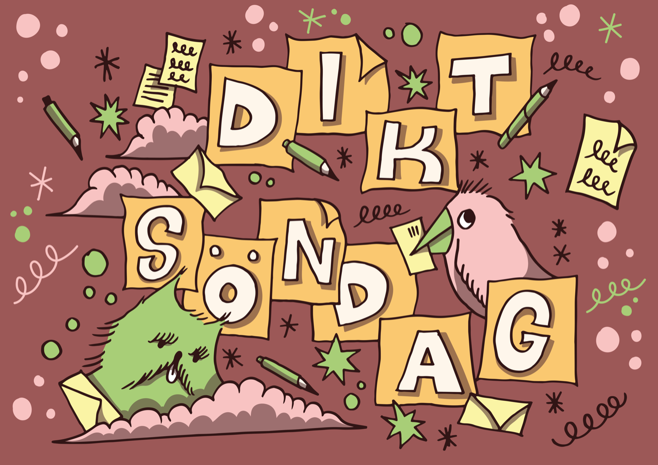 Illustration med texten diktsöndag. fåglar, brev och skrivmaterial i bakgrunden.