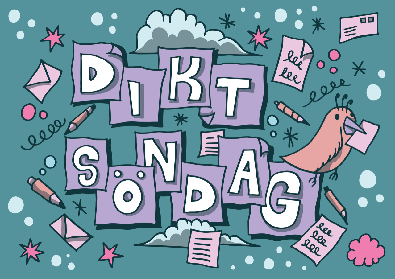 illustration med texten diktsöndag. fåglar, brev och skrivmaterial i bakgrunden