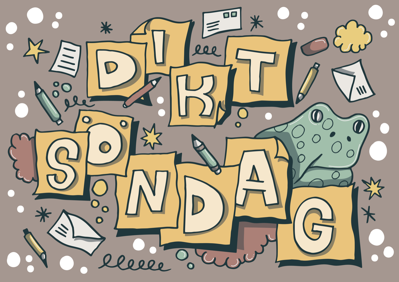 illustration med texten diktsöndag. fåglar, brev och skrivmaterial i bakgrunden