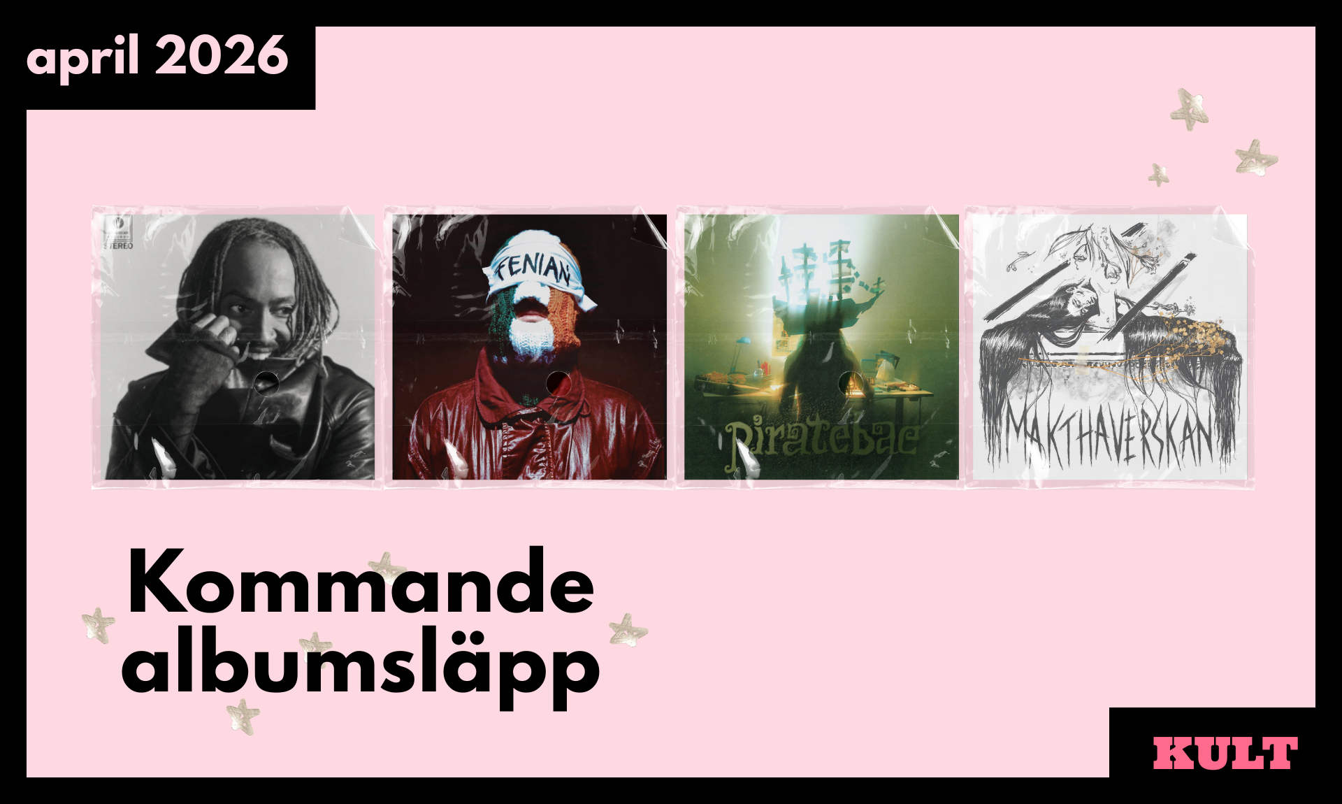 Fyra albumomslag som ser ut att vara inslagna i ett plastkonvolut mot en rosa bakgrund.