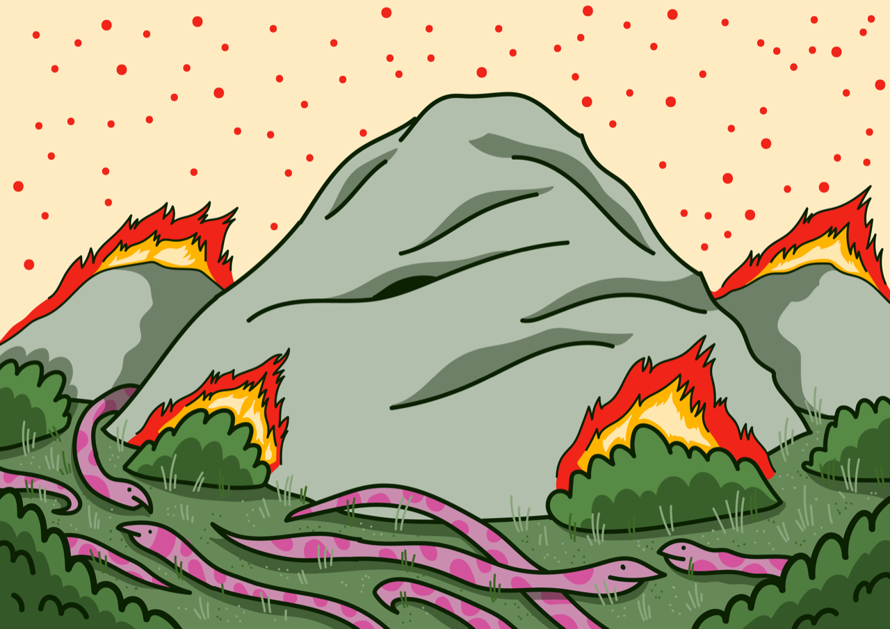 Berg, eld, ormar, buskar och gräs illustrerat i MS paint-estetik.