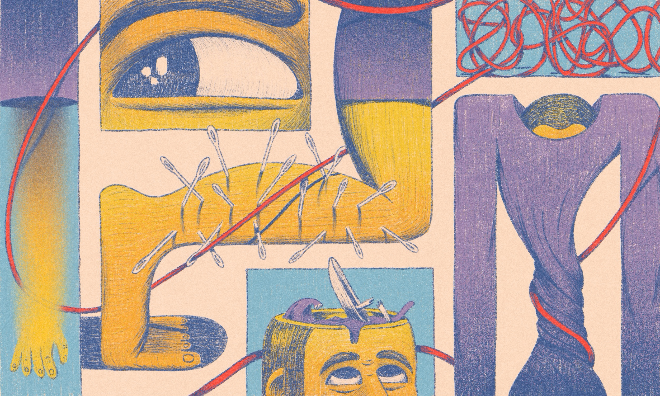 En illustration i gult, lila, beige och ljusblått. Olika delar av kroppen som påverkas av ångest och skam illustreras genom nålar i ett ben, ett ansikte som gömmer sig i halsringningen på en tröja. En röd tråd binder de alla samman.