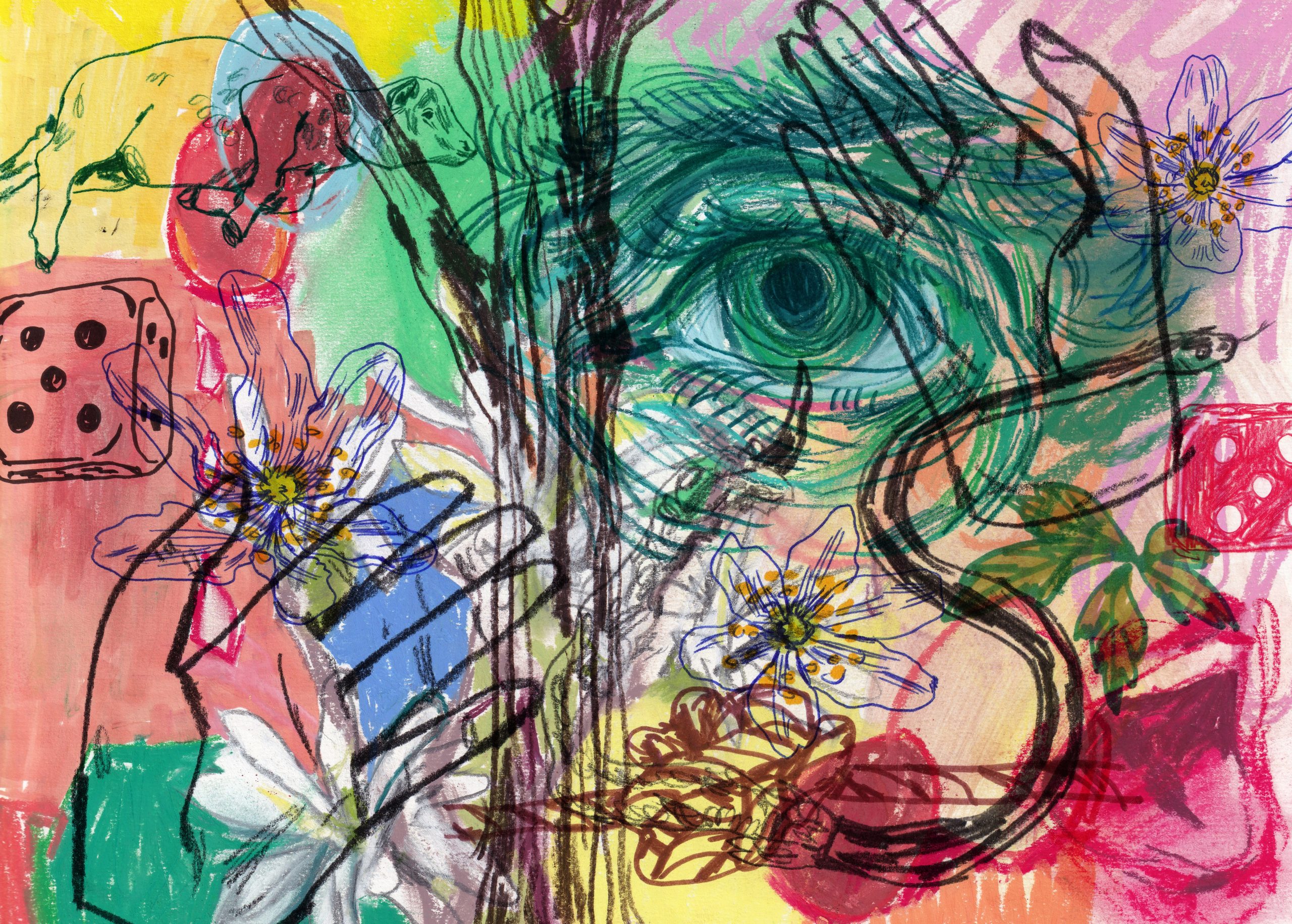 En illustration av tolkning av diktsviten som innehåller bl.a. ett öga, ett lamm, tärningar, blommor, träd samt en mun och hand i klara färger.
