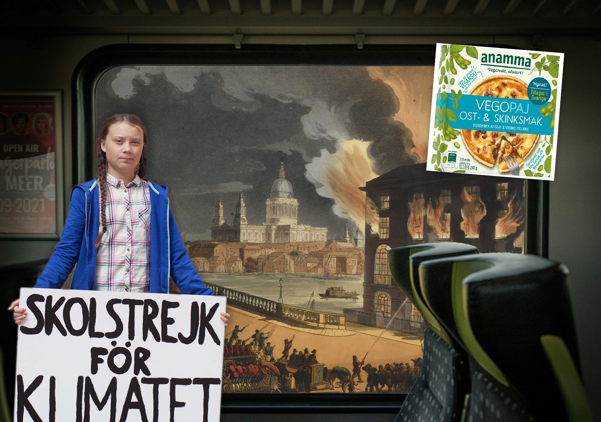Kollage över Greta Thunberg, utsikt från ett tågfönster över en stad i brand och en vegansk paj.